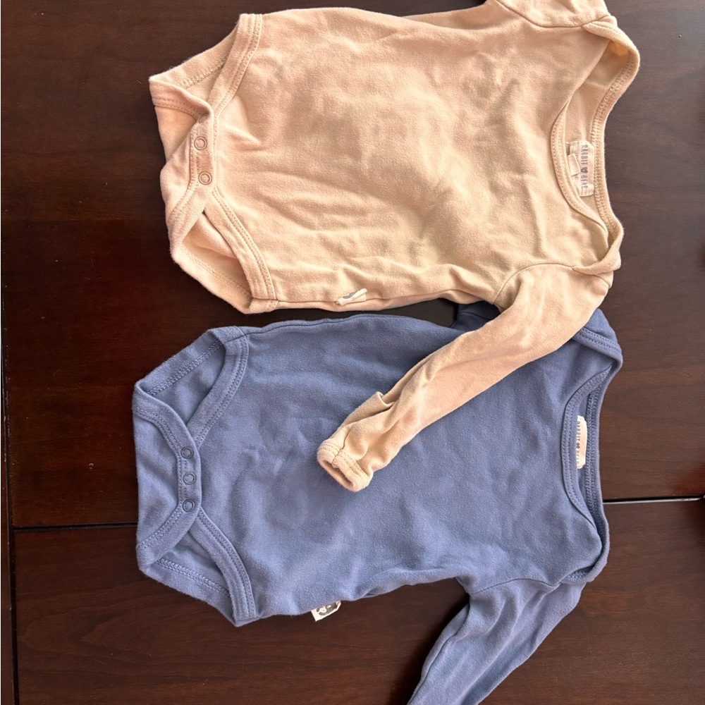 Set of Two Long Sleeve Baby Bodysuits in Blue and Tan
